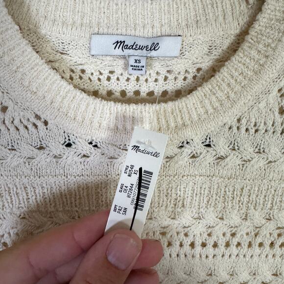 Madewell Scalloped-Trim Sweater Tee Sz XS Sand Crewneck Crop Open Knit Pullover - Picture 6 of 9